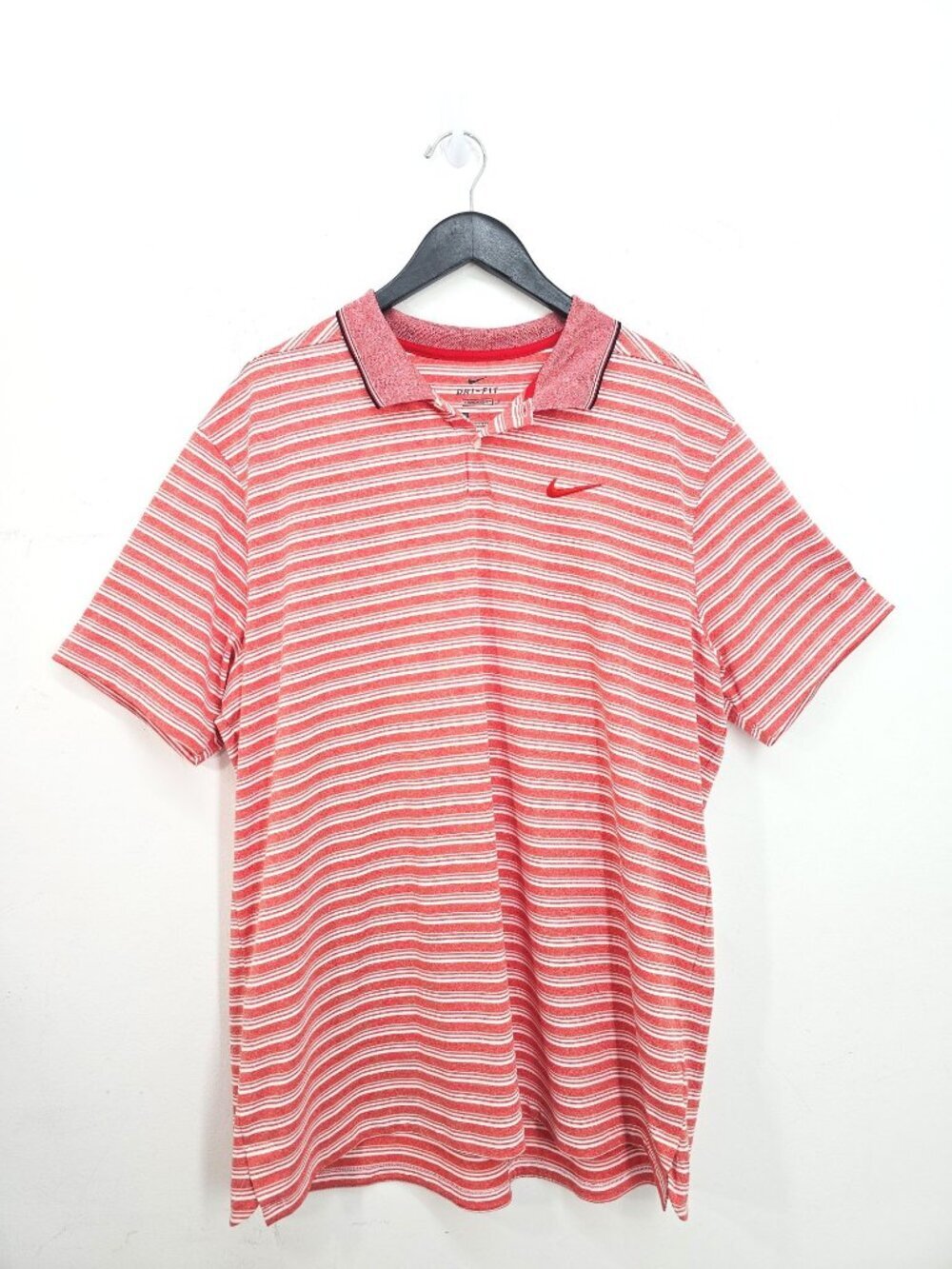 NIKE Dri Fit Red Orange Striped Moisture Wicking Standard Fit Golf Shirt Men XL